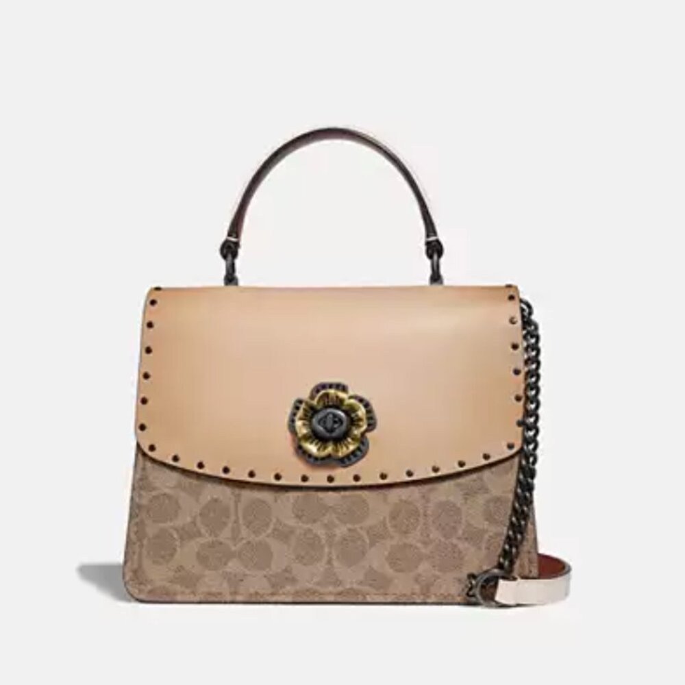 Coach Tan and Brown Satchel with Floral Detail